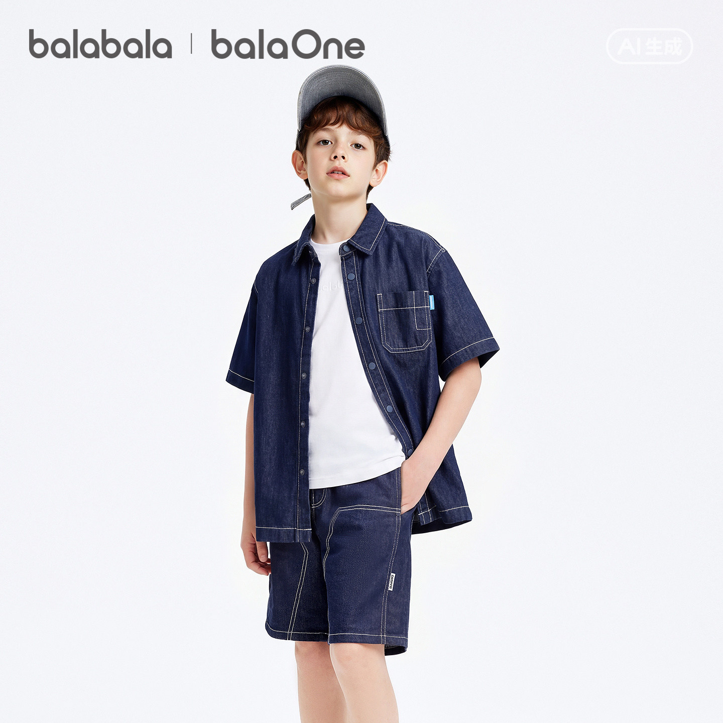 【balaOne】巴拉巴拉男童短袖衬衫儿童中大童牛仔2026新款