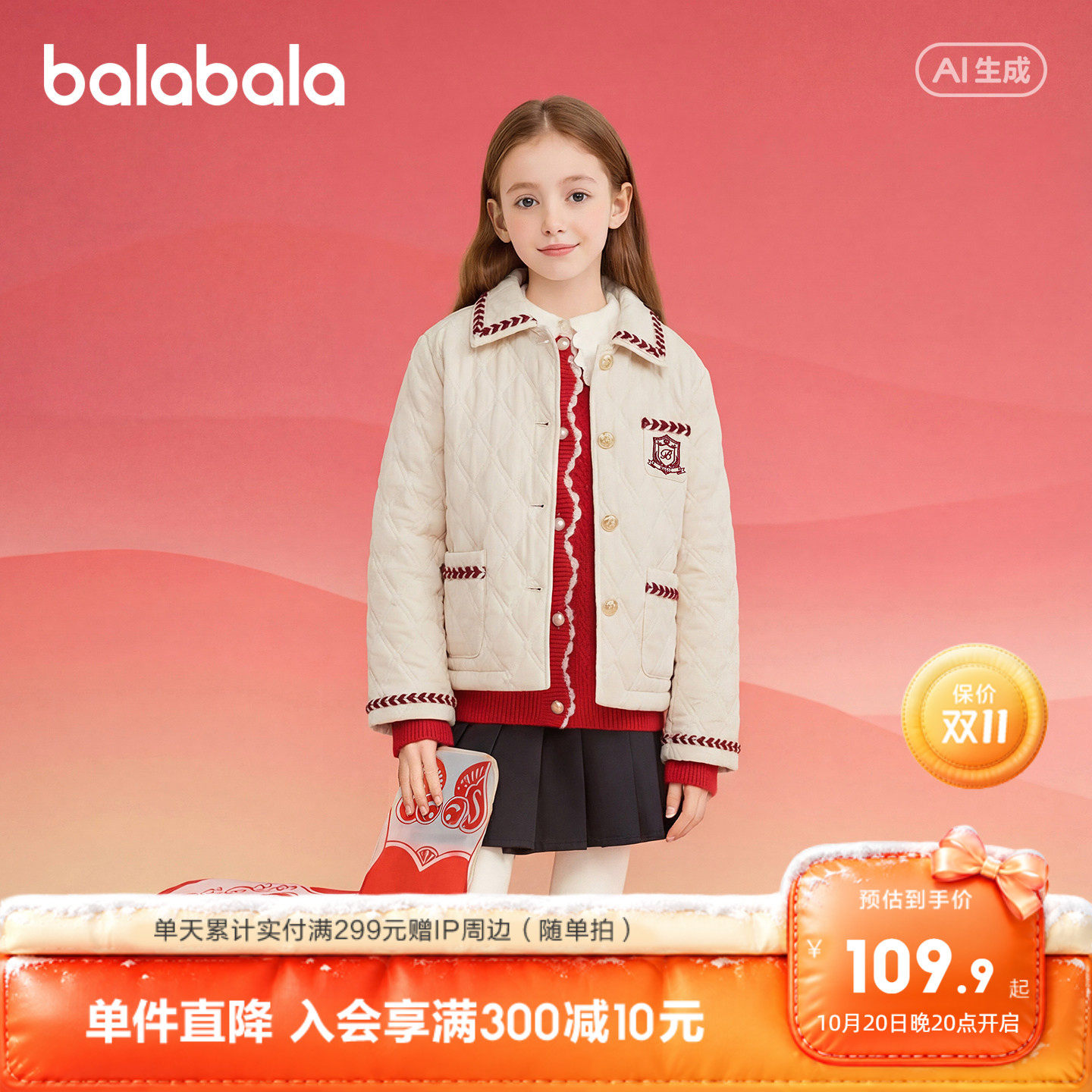 巴拉巴拉童装儿童外套女童棉服春装上衣翻领绣花红色拜年服小香风