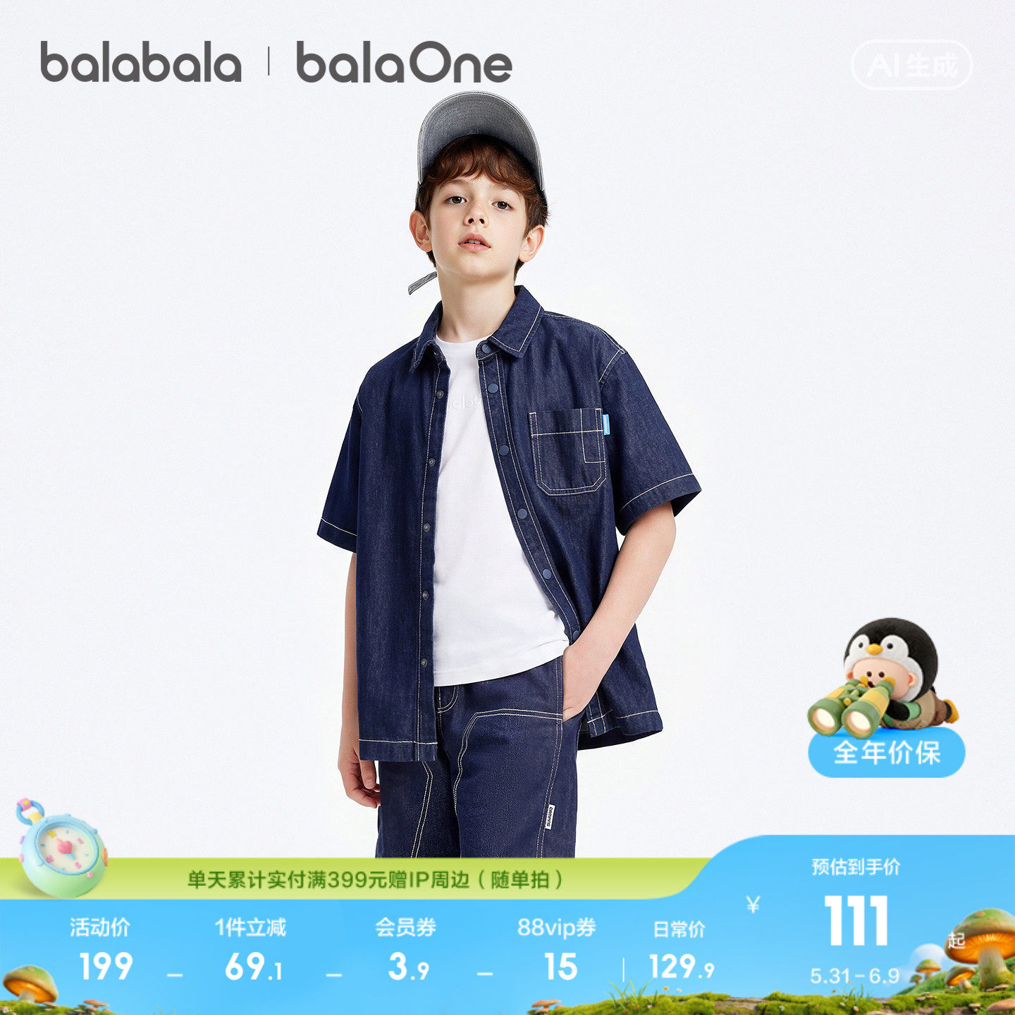 【balaOne】巴拉巴拉男童短袖衬衫儿童中大童牛仔2026新款