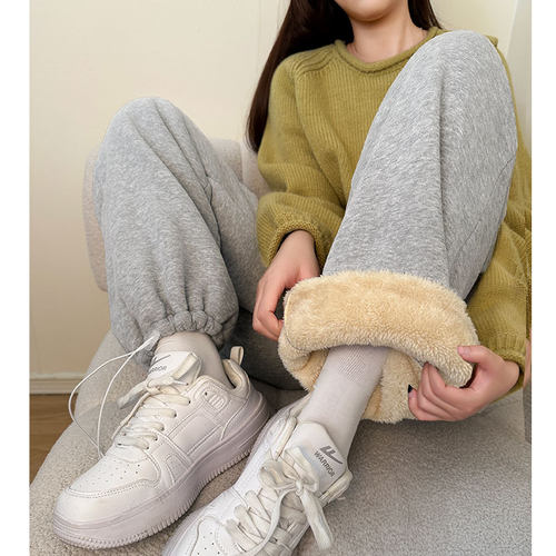 运动裤女灰色羊羔绒阔腿秋冬季加厚保暖棉裤外穿抽绳束脚加绒卫裤