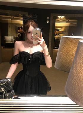 黑色古董少女 一字肩蕾丝花边鱼骨胸衣+半身纱裙气质显瘦两件套装