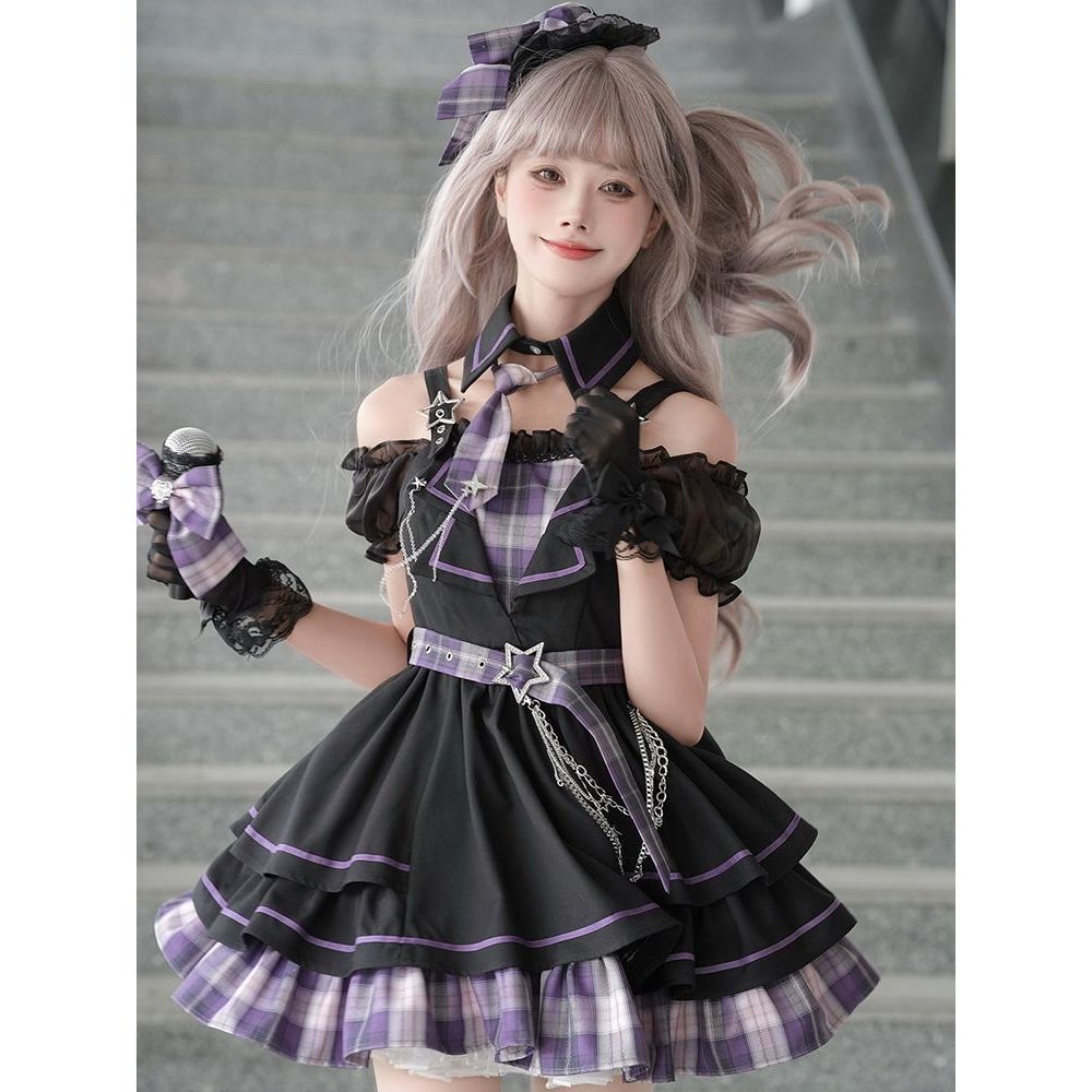 【暗夜蔷薇】日系紫色格子偶像打歌服新款一字肩短袖收腰连衣裙女