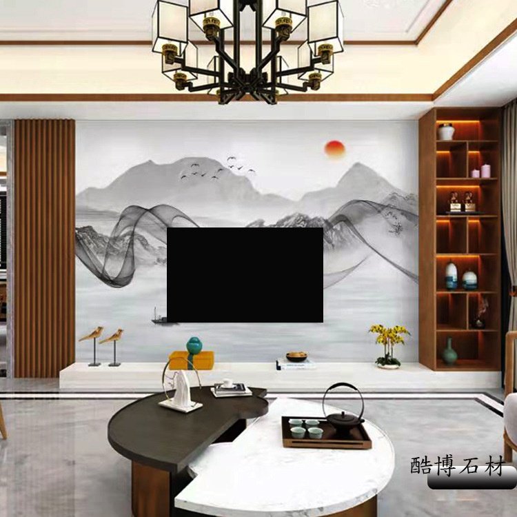 实木格栅微晶背景墙电视大板岩板新中式岩板背景电视墙高温微晶