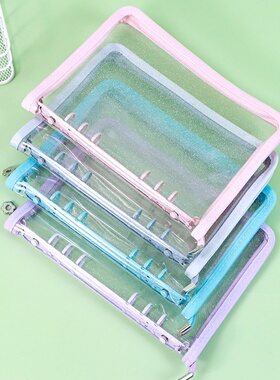 韩国Thence平替款透明黑色闪粉拉链6孔活页笔记本ins追星手账本