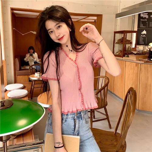 V-neck knitted short sleeved women's thin cardigan coat new summer spring and autumn short slim fitting sunscreen top