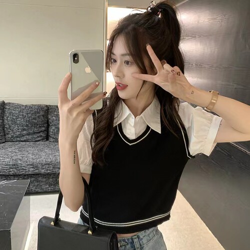 Fake two short shirts women's summer 2022 new design contrast color stitching slim polo collar short sleeve top