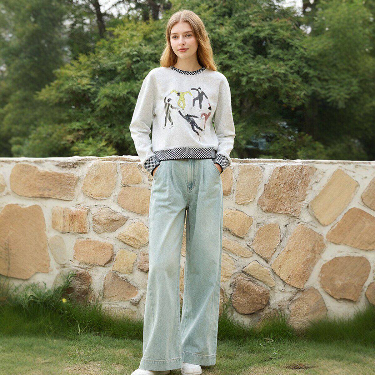 【柚】格纹圆领时尚印花宽松显瘦卫衣007品牌折扣店26春休闲上衣 - 淘宝联盟商品