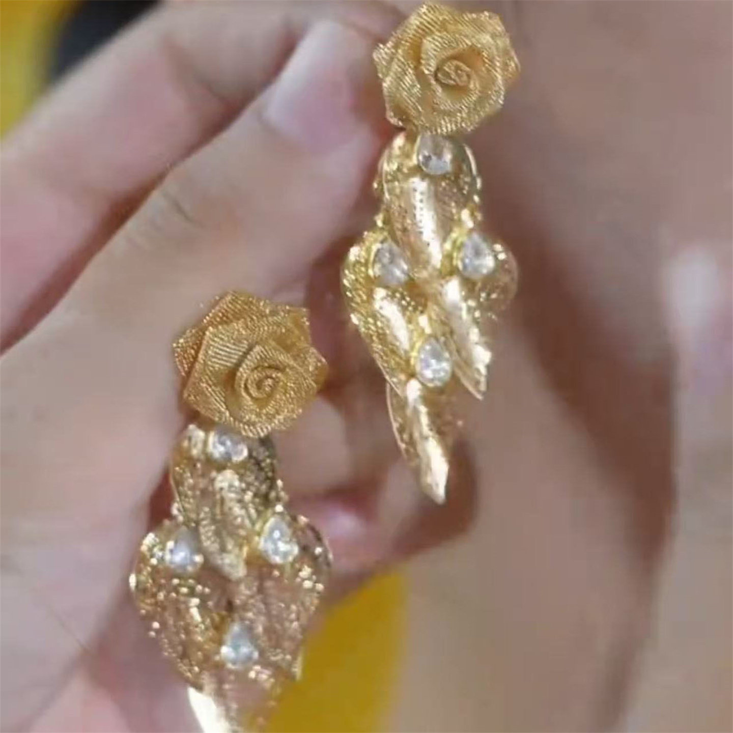 银针金色玫瑰花树叶流苏耳环新款