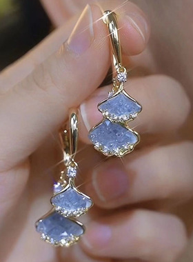 纯银针两戴蓝色满钻银杏叶耳环高级复古冷淡风耳饰2025年新款爆款