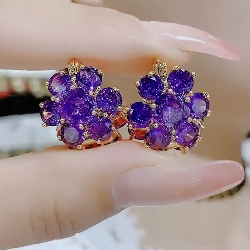 双面紫色水晶花耳环时尚闪亮耳扣