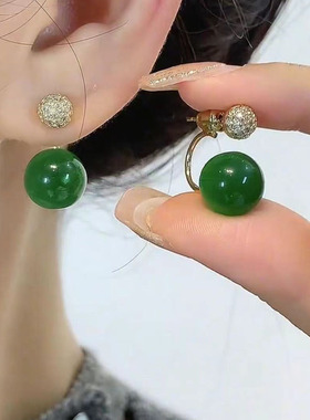 纯银针微镶钻耳钉一款两戴绿色猫眼石耳环简约气质夏天小清新耳饰