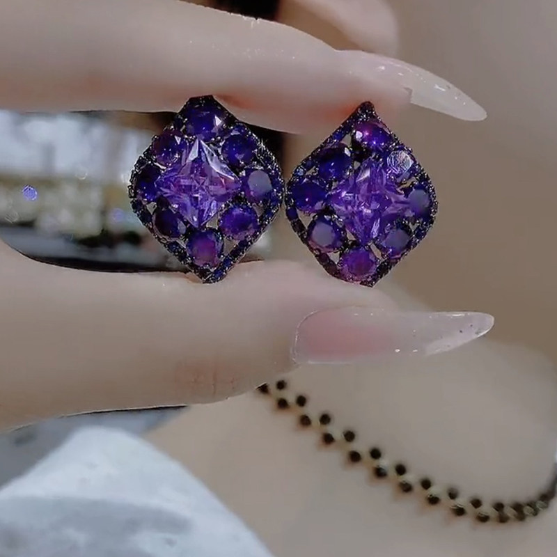 闪亮紫色水晶耳环女网红爆款夸张个性耳饰时尚高级复古耳钉银针