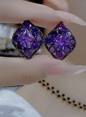闪亮紫色水晶耳环女网红爆款夸张个性耳饰时尚高级复古耳钉银针