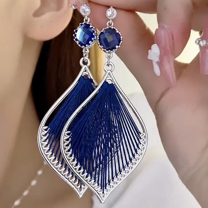蓝色雀尾耳环韩国气质网红银针民族风个性夸张耳饰女2025年新款潮
