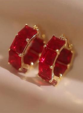 复古红色锆石耳环多巴胺新款爆款耳扣高级小众独特轻奢水晶耳饰女