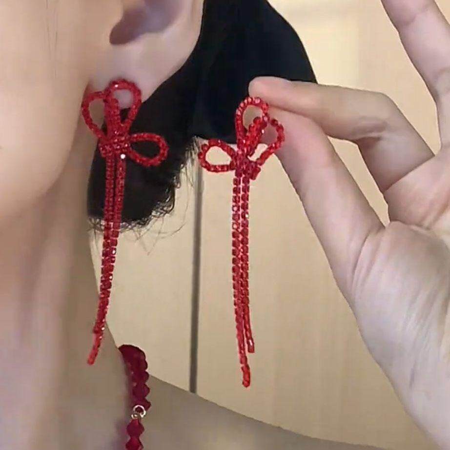红色水晶气质蝴蝶结流苏耳环网红