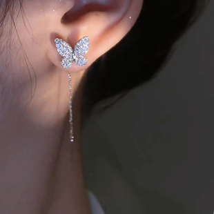 高级感轻奢冷淡风耳饰百搭 闪钻蝴蝶流苏耳线女小众设计耳环新款