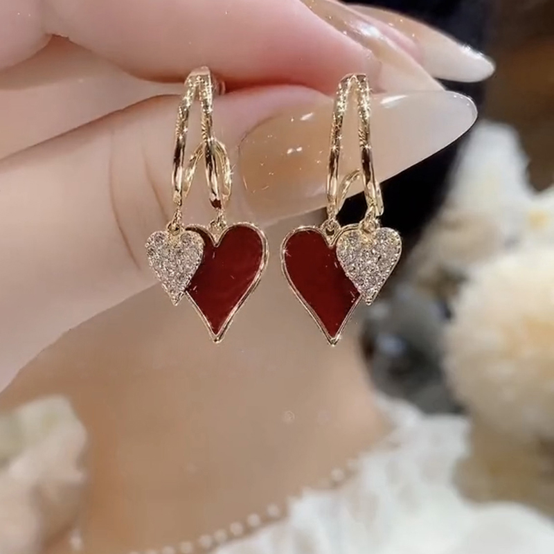 银针红色爱心耳环2025年新款潮