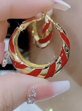 撞色中国红耳环女复古风简约耳圈
