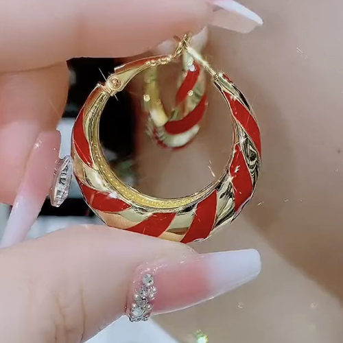 撞色中国红耳环女复古风简约耳圈