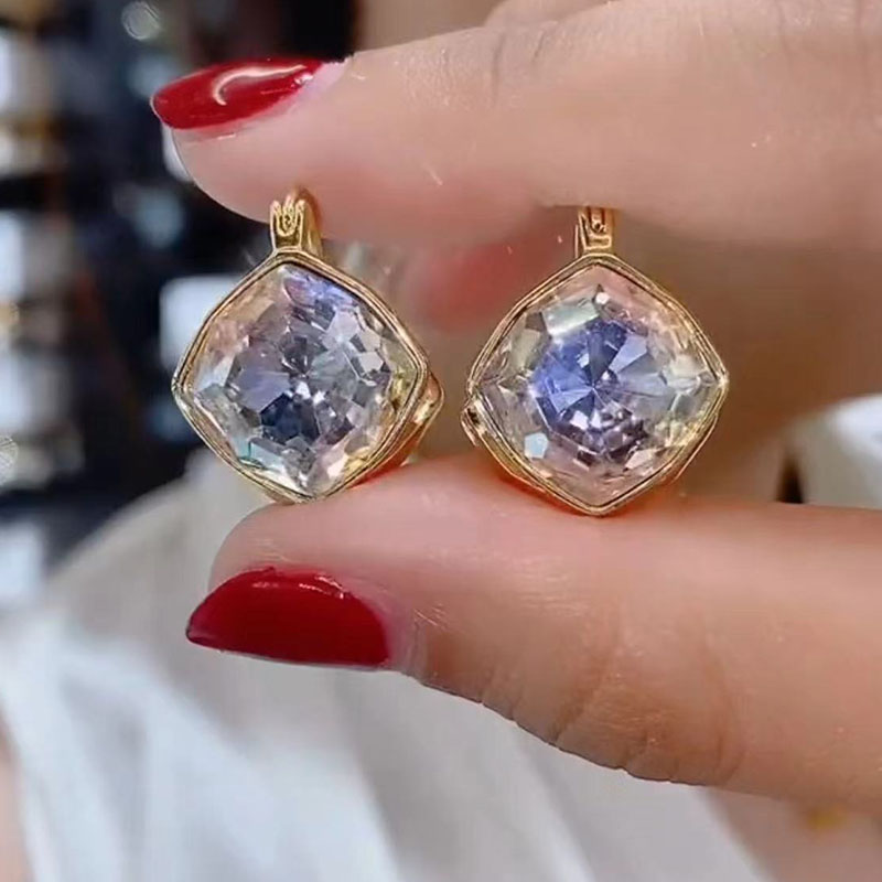 高级感闪亮锆石方形耳环耳扣耳钉