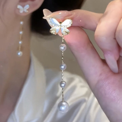 银针珍珠流苏长款气质蝴蝶耳环女