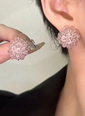 满钻冰透粉花朵耳钉简约文艺耳环