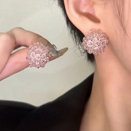 满钻冰透粉花朵耳钉简约文艺耳环