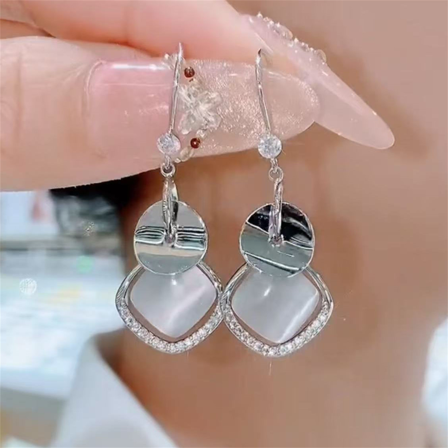 时尚气质菱形猫眼石镶钻耳环新款