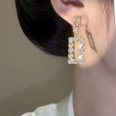 轻奢超闪几何长方形镶钻耳环s925银针时尚 小众设计感气质水晶耳饰