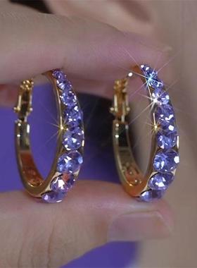 小众设计感紫色水钻耳圈精致满钻耳环韩国气质网红圈圈耳饰银针