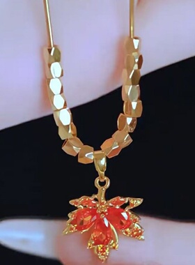 锆石红枫叶吊坠独特小众项链设计