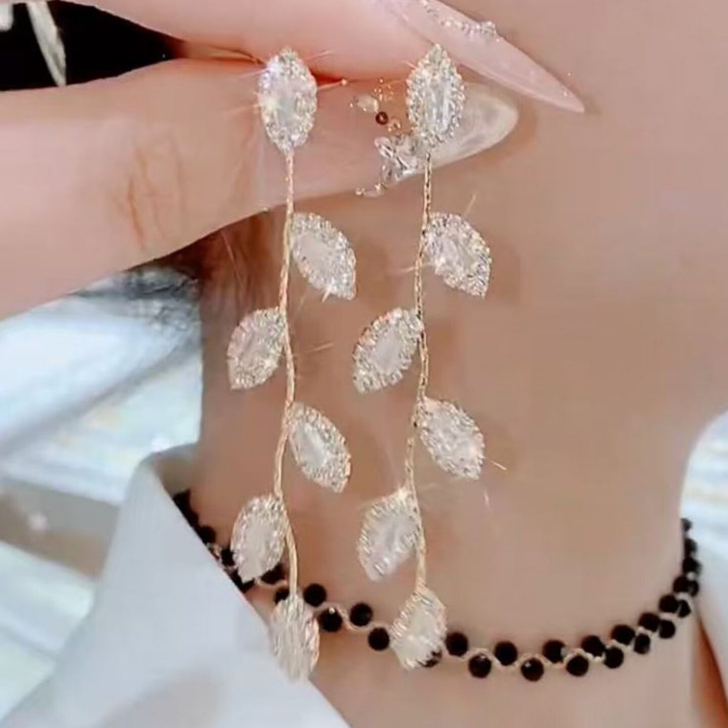 纯银针耳钉精致树叶流苏长款耳环