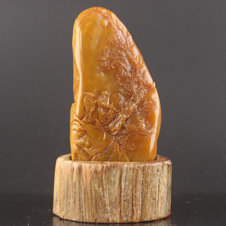 老挝北部田黄石《携琴访友》薄意摆件玉石手工艺术礼品收藏直销