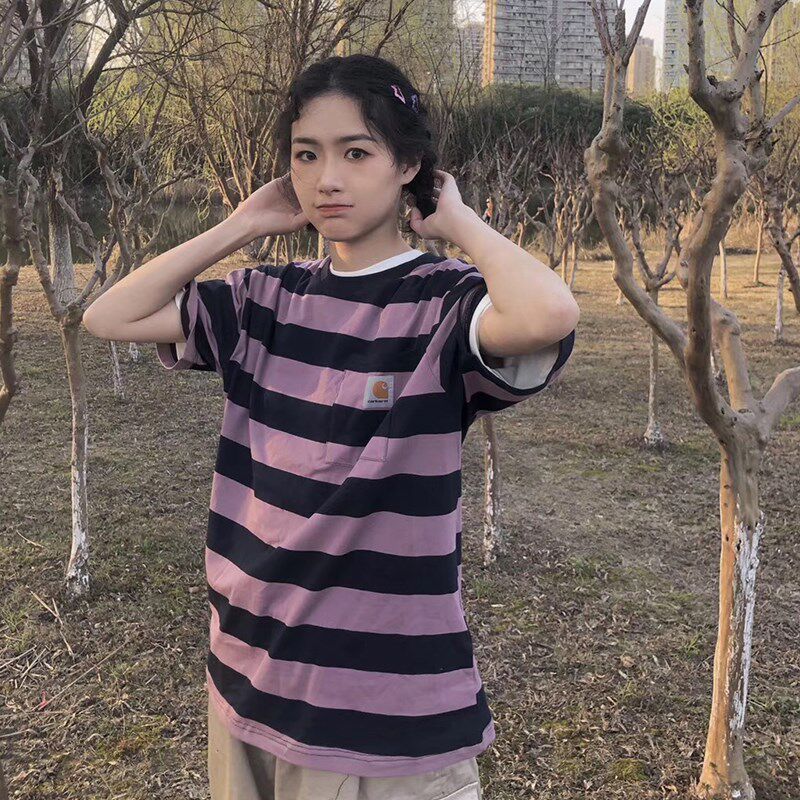 Chaopai Carhartt Carhart INS Retro stripe Easy Short sleeved Hip hop Hit color Couples dress bfin the Men's clothing, T-shirt  category - from Buy2taobao.com to provide professional Taobao agent buy service