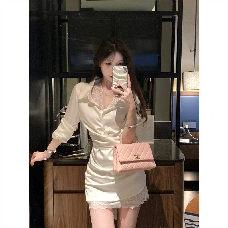 工作室原创法式性感蕾丝拼接衬衫连衣裙女春季新款设计感收腰缎面