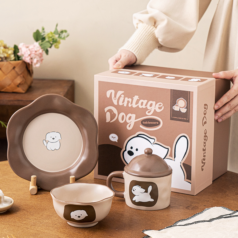 ezicok一人食餐具陶瓷碗盘可爱小狗精致一人餐饭碗带盖杯子餐盘