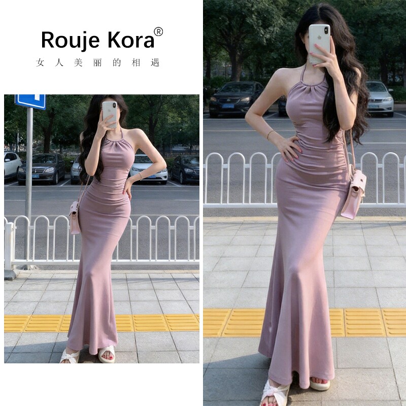 ROUJE KORA收腰褶皱性感挂脖连衣裙女2026初夏高级感包臀鱼尾长裙
