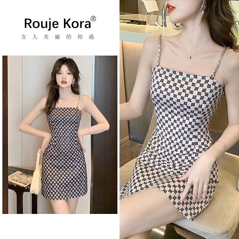 ROUJE KORA法式气质小个子吊带连衣裙女夏季修身显瘦格子包臀裙