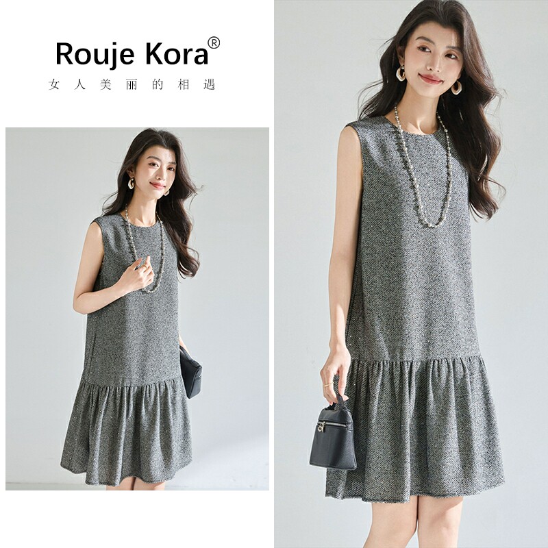 ROUJE KORA法式轻奢亮片无袖连衣裙女夏复古小香风减龄显瘦A字裙