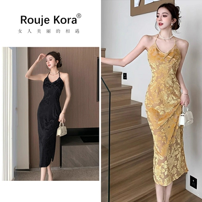 ROUJE KORA新中式春夏季挂脖吊带连衣裙女高级感气质开叉包臀长裙