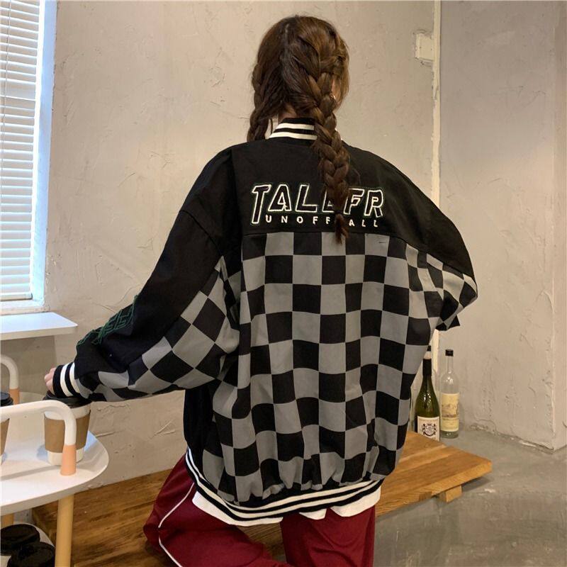 欧美高街格子外套女ins潮春秋薄款宽松bf慵懒风炸街vintage棒球服