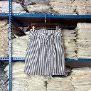 纯棉牛仔褶皱短款 2025新款 包臀高腰裙子 半身裙女夏季 条纹白色工装