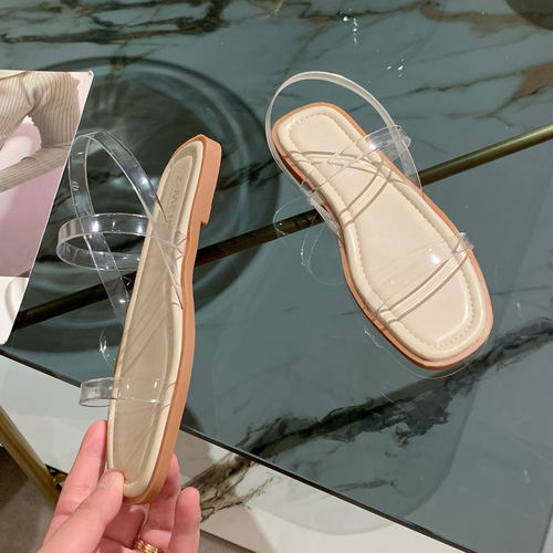 平跟软底仙女风2026年夏新款露趾罗马鞋简约百搭一字带透明凉鞋女