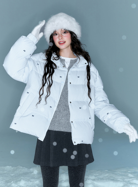 白鸭绒 2025冬季新款韩版羽绒服女 短款立领条纹宽松蓝色面包服