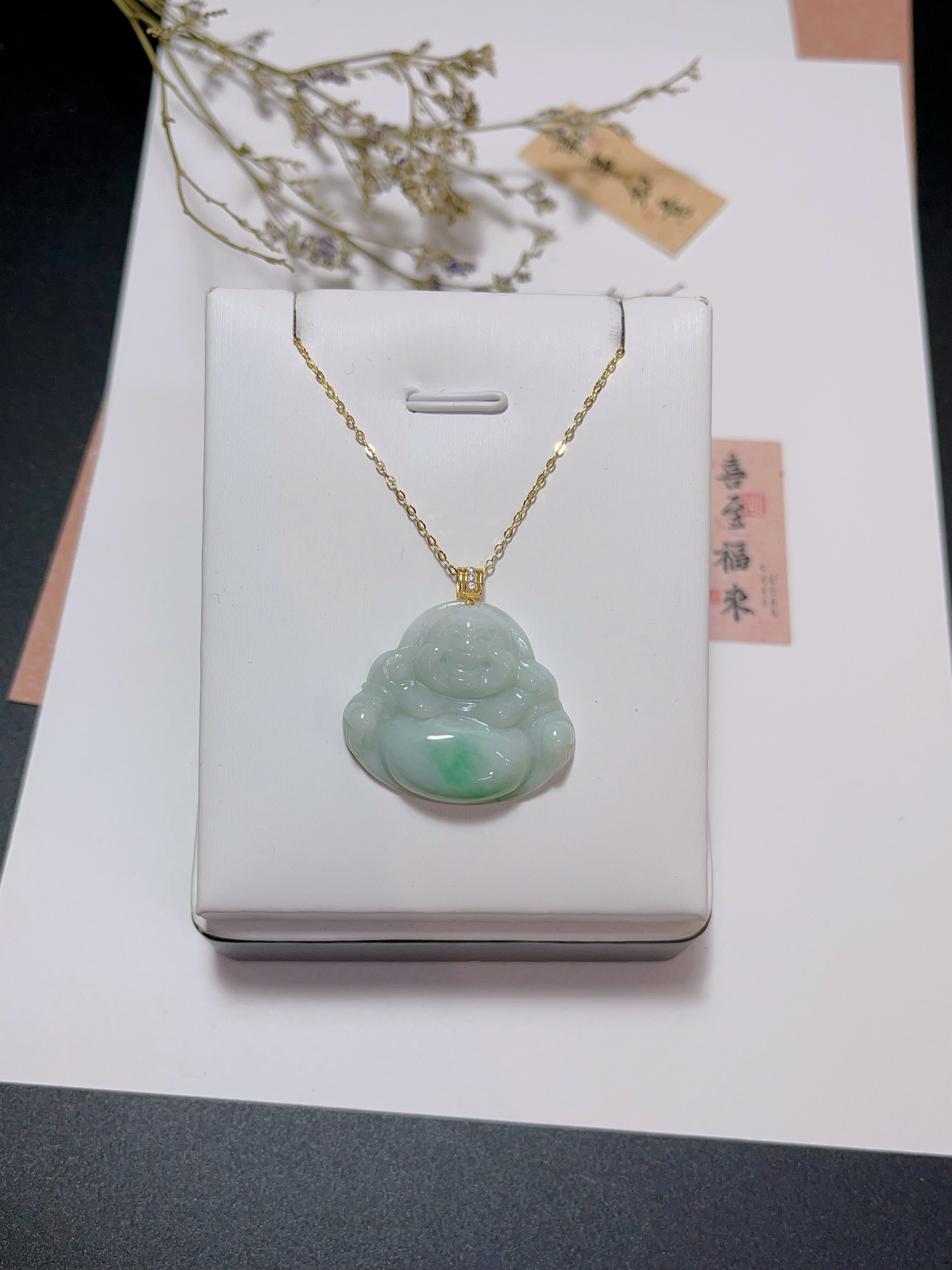 925银天然翡翠弥勒佛吊坠 飘绿翡翠弥勒佛吊坠带证书