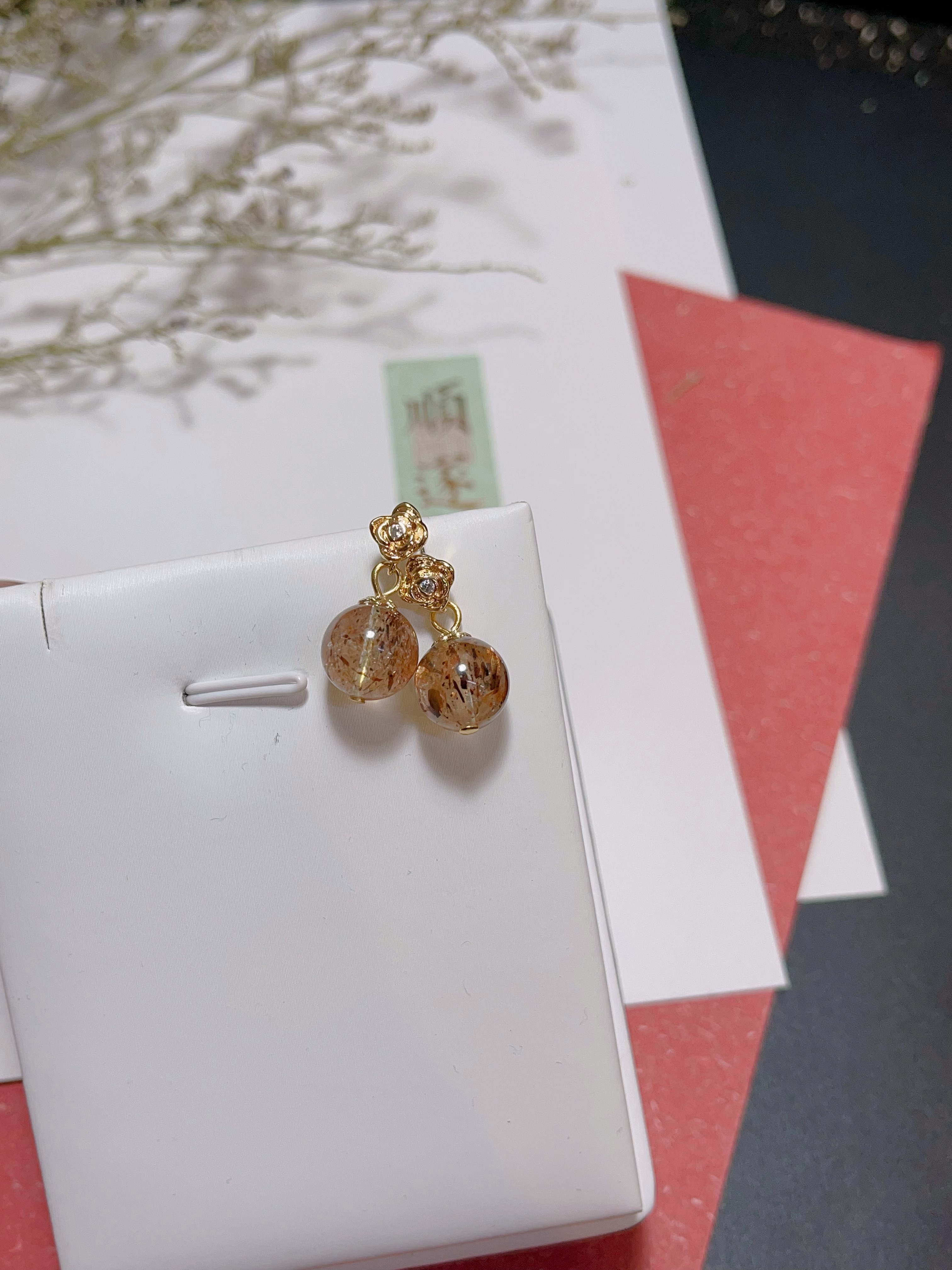 玖紫 黑金超七水晶耳钉 黑金发晶水晶耳钉925银针10mm