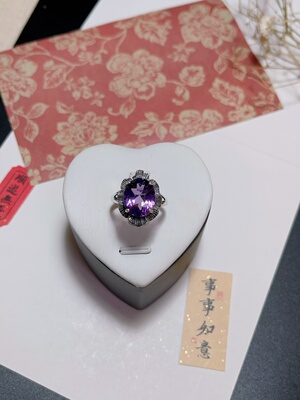 玖紫 925银浓郁紫水晶戒指 复古银紫水晶戒指 带证书 送礼盒