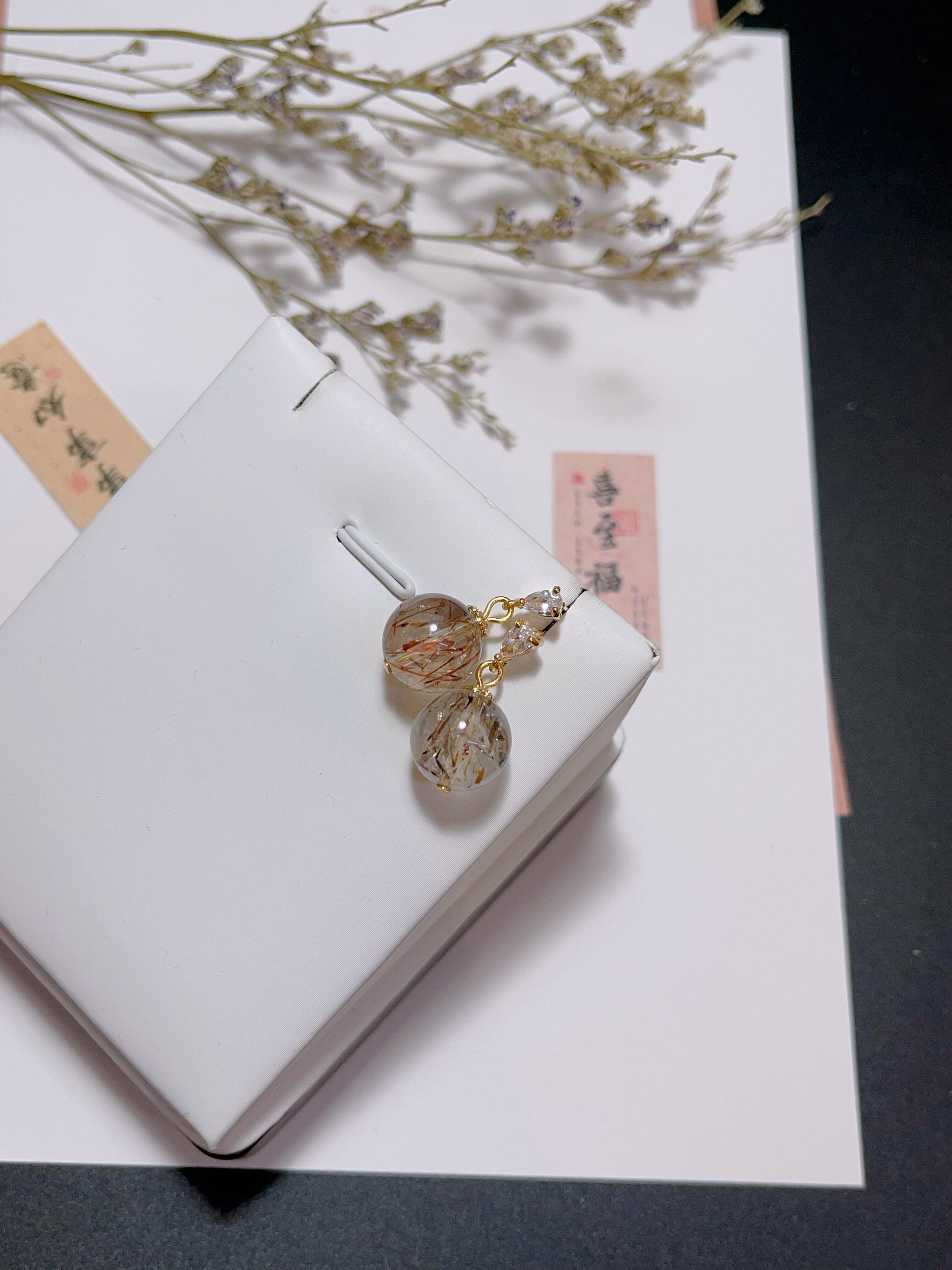 玖紫 天然黑金超七水晶耳钉红棕黑发晶水晶耳饰耳坠925银针