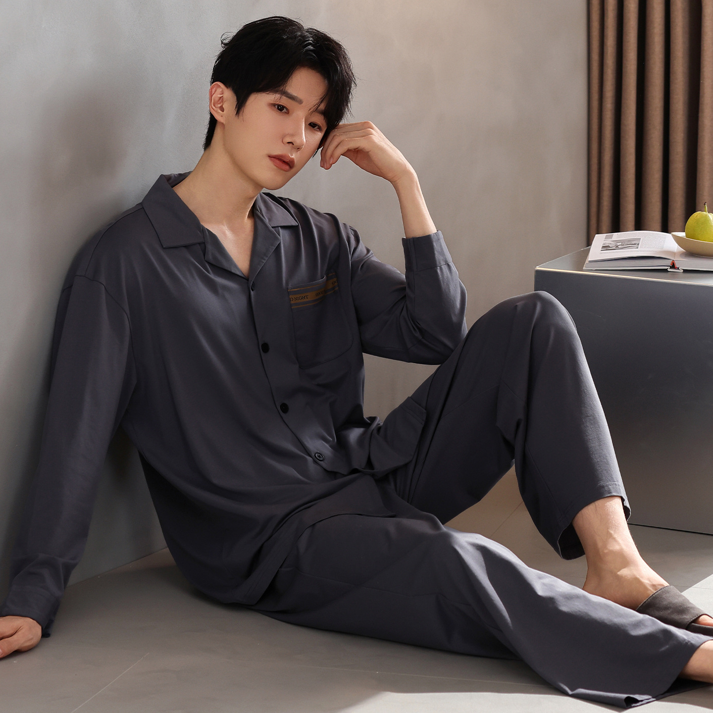 2025新款春秋季长袖纯棉男士睡衣青年全棉开衫四季翻领家居服套装